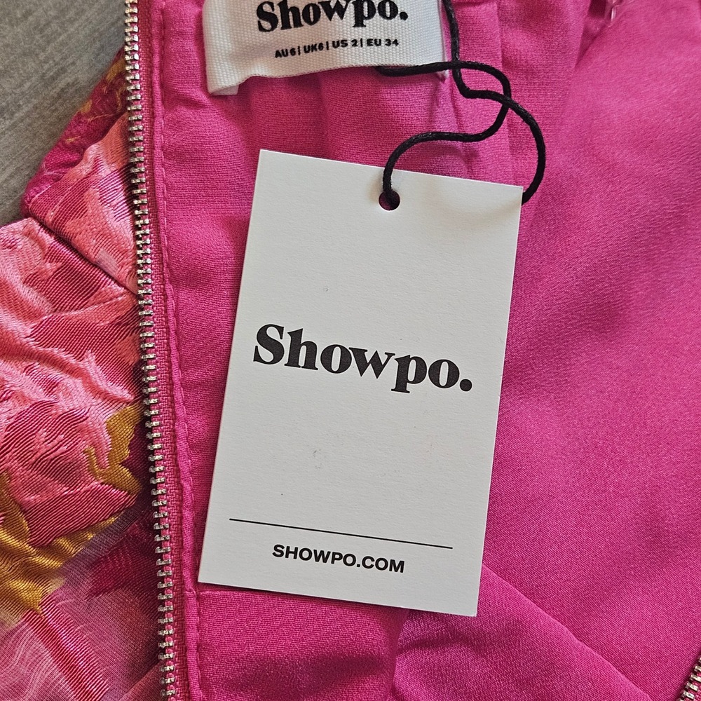 Showpo Brailey Mini Dress Size 2 Pink NEW Floral Jacquard Strapless Cocktail - Picture 10 of 14